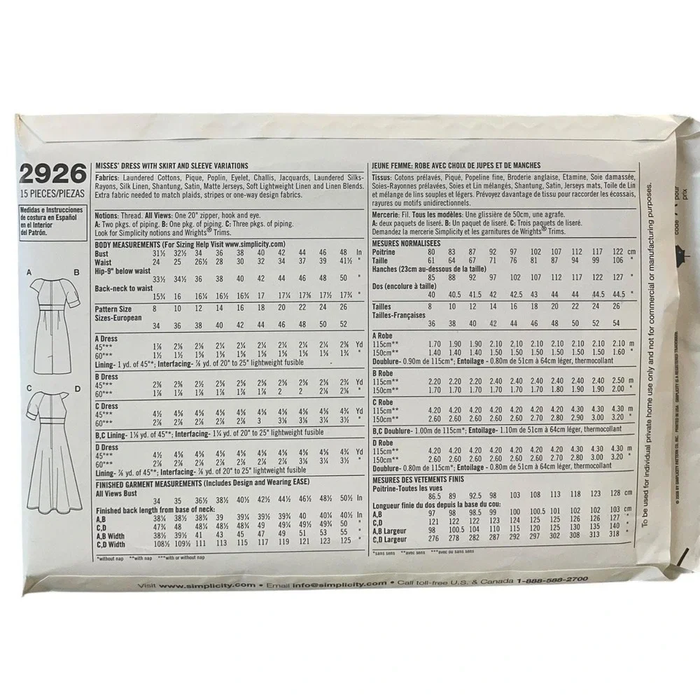 Simplicity 2926 Misses Dress Sewing Pattern Size‎ 8-16 UNCUT FF